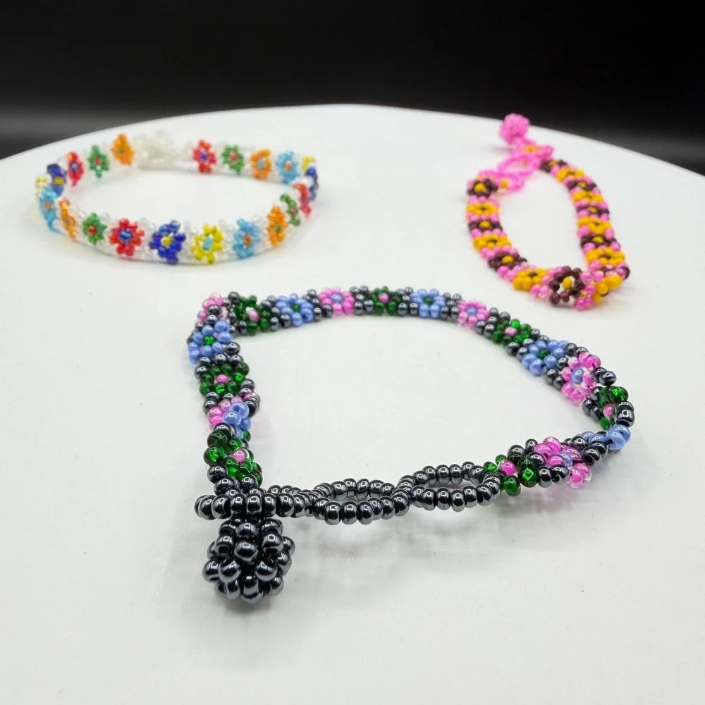 3Pc Colorful Handmade Seed Bead Floral Bracelets Daisy Friendship Jewelry Set